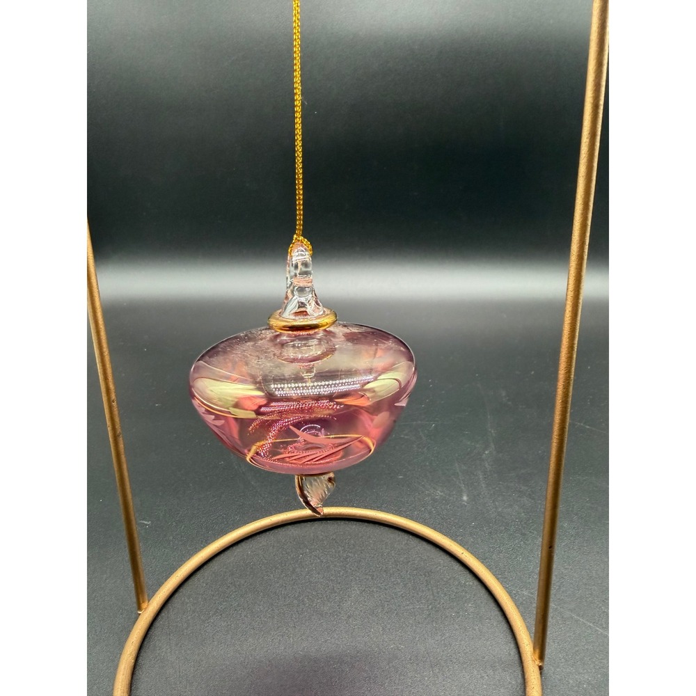Vintage Iridescent Pink Hand Blown Glass Ornament Etched Floral Gold Trim 3"